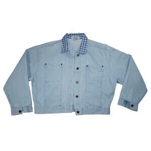 Vintage Cherokee Denim Jacket USA Made Light Wash Cropped Gingham Collar L